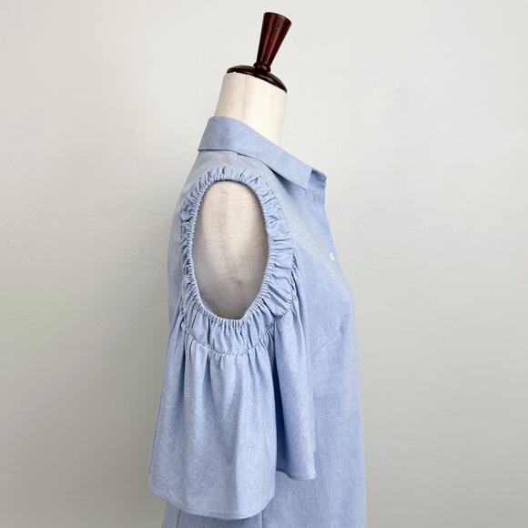 Pearl By Lela Rose Blue Flutter Sleeve Button-Up Shirt - Picture 4 of 8